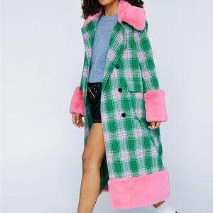 NWT Nasty Gal Faux Fur Trimmed Plaid Coat